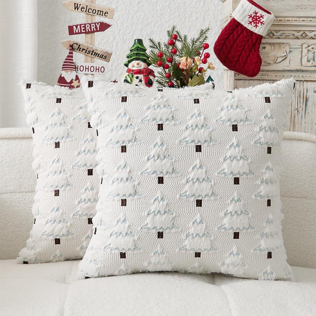 Kevin Textile Christmas Tree Pillow Covers 20x20 Inch Set of 2 Soft Plush Faux Fur with White Snow Embroidery Decoration Pillowcases for Couch Sofa Holiday Festivals Winter Xmas Gift, White Cream