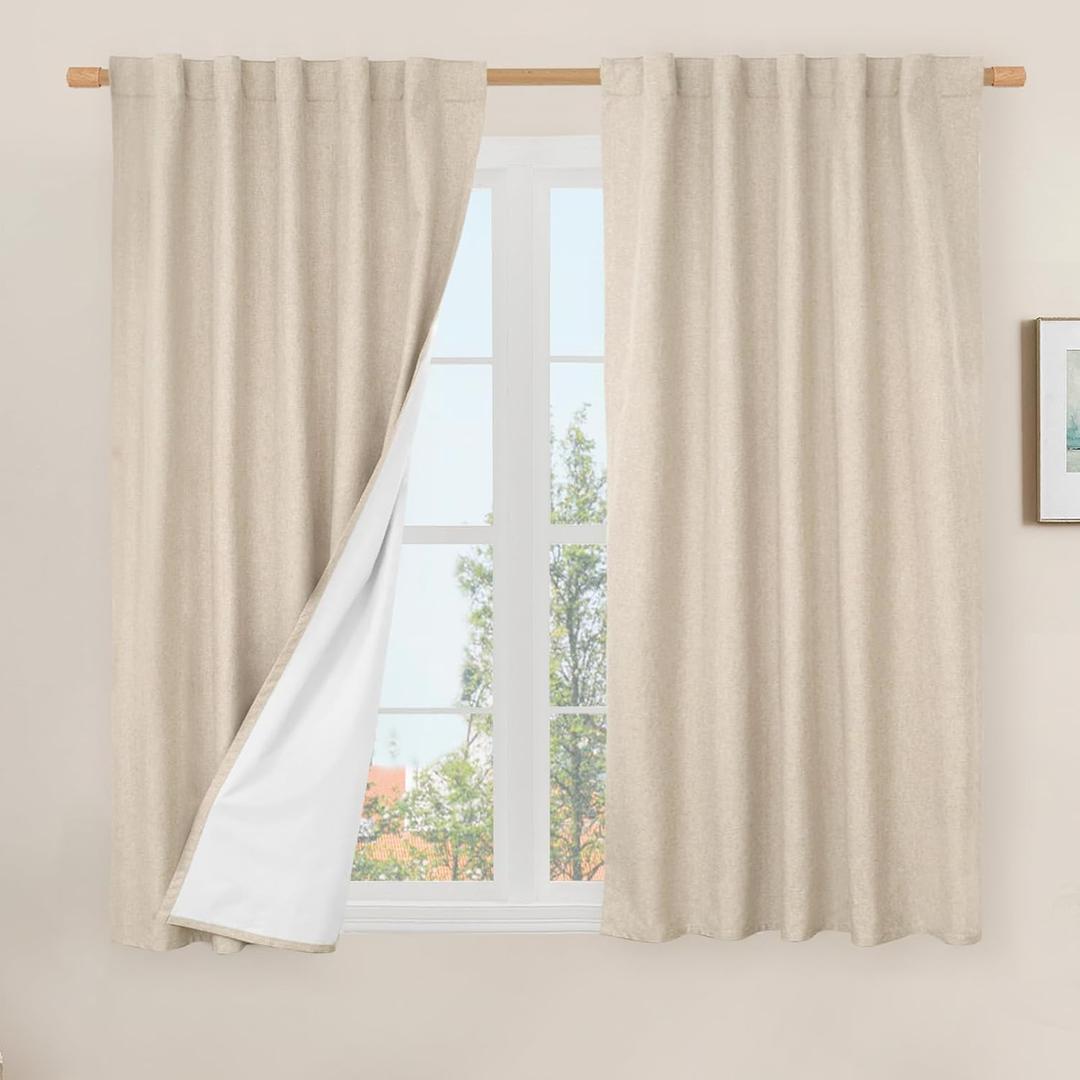 LAMIT 100% Blackout Short Linen Curtains 48 Inches Long, Linen Textured Thermal Curtains Back Tab and Rod Pocket Neutral Panels with White Liner for Small Window, 2 Panels, 42 x 48 Inch, Linen