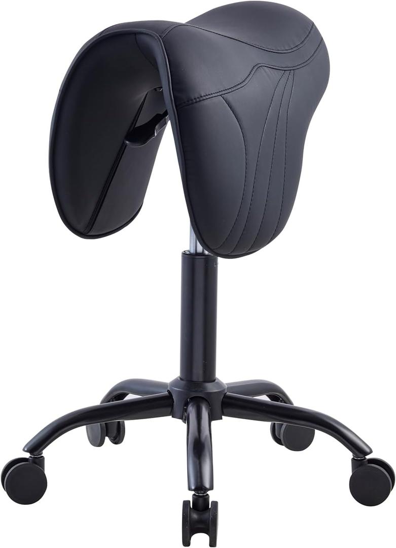 Saddle Stool with Wheels, Anti-Hair Tangling Rolling Salon Stool Chair for Hair Stylist, Ergonomic Adjustable Stool for Salon, Kitchen, Medical, Office, Home (All Black)