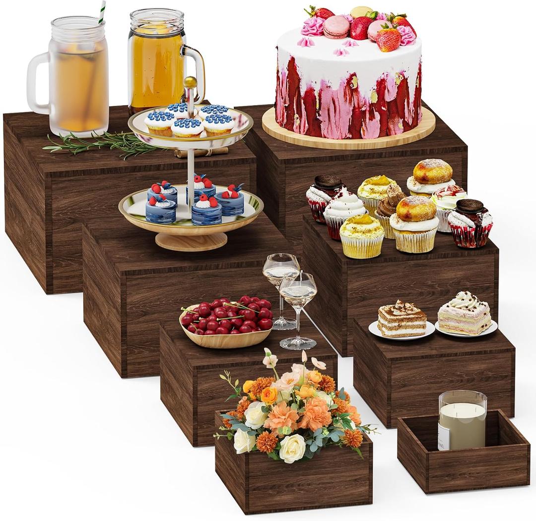 8 PCS Wooden Buffet Risers, Rustic Wood Cake Cupcake Stands, Square Food Risers for Buffet Table, Catering Dessert Table Display Set, Stackable Wooden Crates for Party, Decor, Wedding, Birthday, 11" 10" 9" 8" 7" 6.3" 5.5" 4.7"