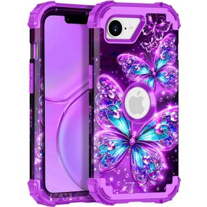 Casetego for iPhone 16e Case 2025,Glow in The Dark Three Layer Heavy Duty Sturdy Shockproof Full Protection Rugged Hard PC+Soft TPU Bumper Case for Apple iPhone 16e 6.1 inch,All Purple