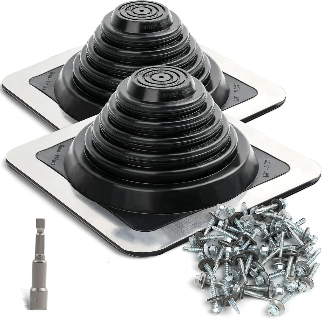 Metal Roof Vent Pipe Boot: High Temp Silicone for Stove Pipe & Chimney Flashing - Fits Pipe OD 1/4" to 5-3/4" - 8" x 8" Flexible Square Base - Kit with Roofing Screws & Hex Socket - 2 Pack