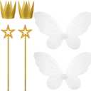 Sratte 6 Pcs Halloween Girls Fairy Costume Set, Fairy Wings Dress Up Wings Star Wand and Gold Crowns, Halloween Costume Dress Up Accessories 13 Inches Gold Wand Party Crowns Birthday Decorations