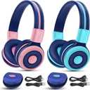 SIMOLIO Kids Headphones Bluetooth Pack of 2 with 75dB,85dB,94dB Volume Limit, Wireless Kids Headphone with Mic & Hard Case, Children Headsets with Share Jack for Girls Boys, Toddlers (Pink+Mint)