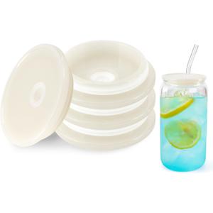 Joyclub 4 Pack Acrylic Lids for 16 oz Glass Cups with Bamboo Lids and Straws Reusable Iced Coffee Cup Beer Can Drinking Glasses for Smoothie Whiskey Boba Soda Tea Gift (Cream White)