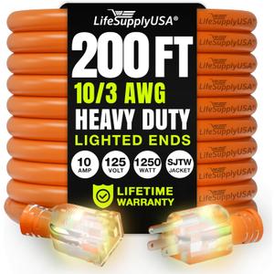 200ft Outdoor/Indoor Extension Cord 10/3 Gauge Ultra Heavy Duty 3 Prong SJTW, Waterproof, Flexible Cold-Resistant Long Power Cord,10A 125V 1250W, Orange by LifeSupplyUSA