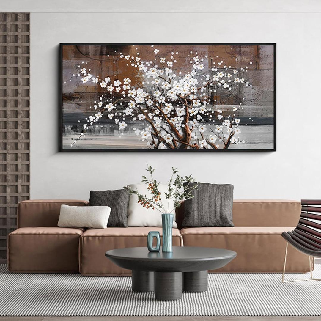 KLAKLA Wall Art for Living Room - White Plum Blossom Brown Trunk Natural Landscape Wall Decor Framed Picture Artwork for Wall Modern Paingings Extra Large Wall Art (48L" x 24W")