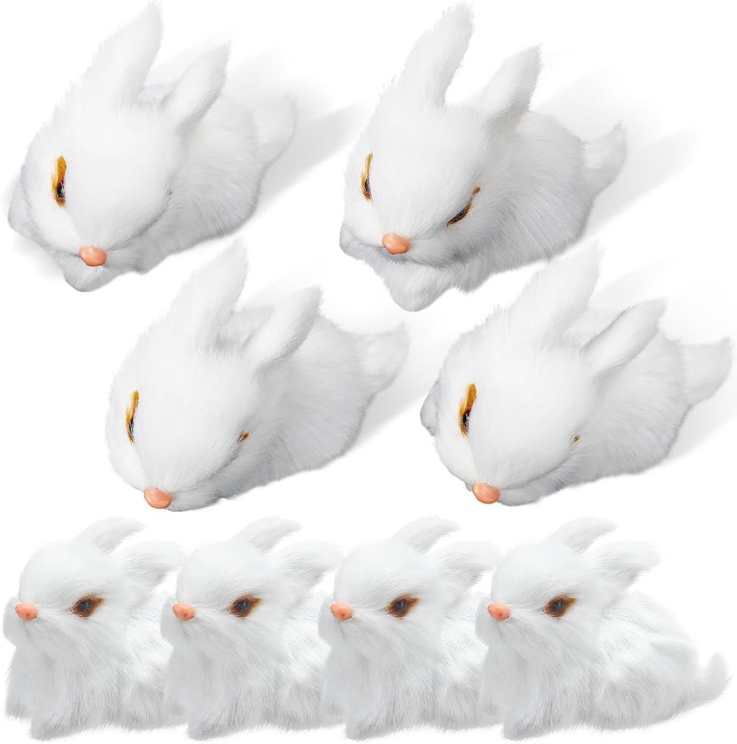 Blueweenly 8 Pack Easter Plush Bunny Set Mini Realistic Cute Rabbits Lifelike Animal Decorations Furry Rabbit Figurine for Easter Home Decor Birthday Gift (White)