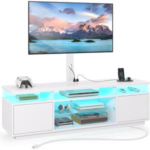 Rolanstar TV Stand with Mount and Power Outlet 59.1", Swivel TV Stand Mount for 32/45/55/60/65/70 inch TVs, Height Adjustable Modern Entertainment Center with Storage & LED Lights, TV Table White