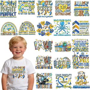 Dazoratix DTF Transfers Ready to Press - 20 Sheets World Down Syndrome Day Awareness Heat Patches Blue Yellow Ribbon Socks Stickers Vinyl for T Shirts Clothing Clothes Pillow Bag DIY Crafts Decoration