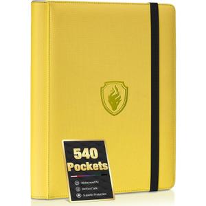 Premium 9 Pocket Card Binder for 540 Cards, Fabmaker PU Cover Trading Card Binder, Sturdy Card Collection Album, Sleek Card Holder Folders for Game Cards & Sports Cards, Yellow