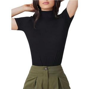 WDIRARA Women's High Neck T Shirts Short Sleeve Fitted Tees Base Layer Tops Black X-Large