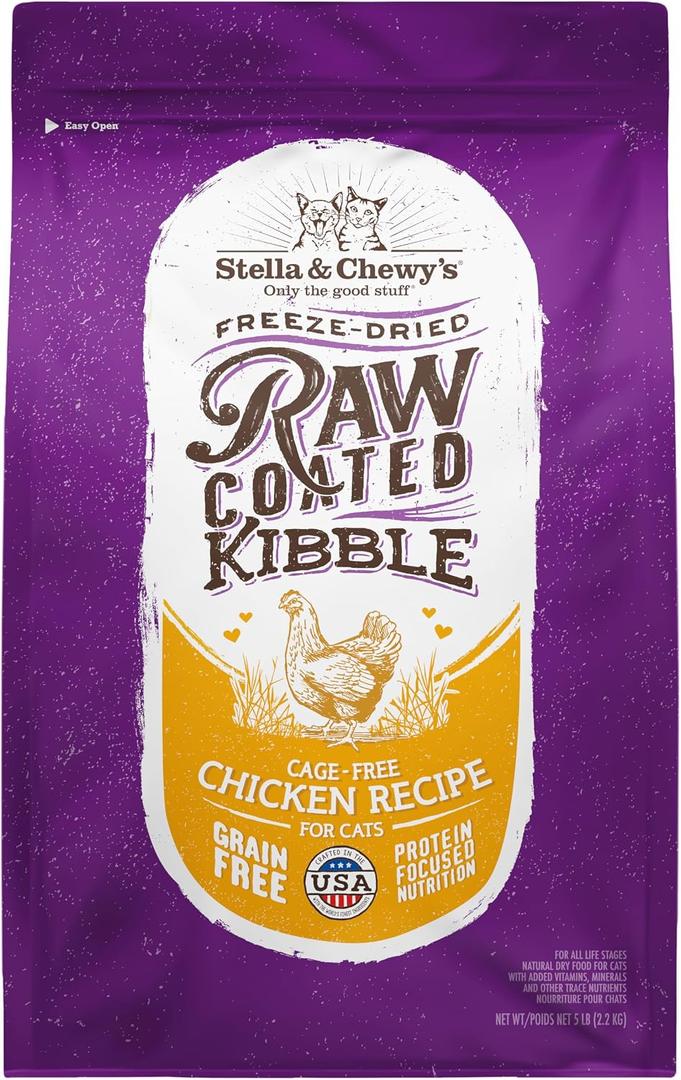 Stella & Chewy's Raw Coated Cat Food - High Protein, Grain-Free Kibble with Cage-Free Chicken - Premium Digestive Support with Probiotics - Natural Small Kibble - Perfect For Picky Eaters - 5 lb Bag (EXP 11/03/27)