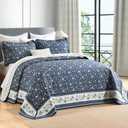 100% Cotton Oversized Quilt 120"x120", Extra Large King Bedspread, Farmhouse Floral Bed Spreads Coverlet, Lightweight Quilted Bedding Cover, 3 Piece, Navy Blue/White