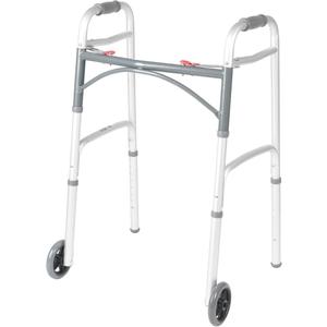 Drive Medical Two-Button Folding Walker With Wheels - Lightweight Rolling Mobility Support - Adjustable Height - Dual Push-Button Operation - 5 Inch Front Wheels - Durable Aluminum - Silver