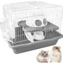 PINVNBY Dwarf Hamster Cage, Small Animal Cages, 2-Tier Travel Portable Mouse Cage Hamster Carrier with Castle House Running Exercise Wheels, Water Bottle and Food DisGray (13.78*10.23*11.02 in)