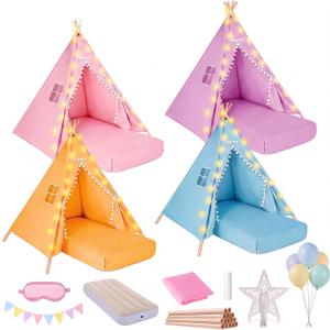 4 Pack Teepee Tent with Air Mattress, Sleeping Bag, Star Lights & Banner, 64 x 28 x 8.7 inches