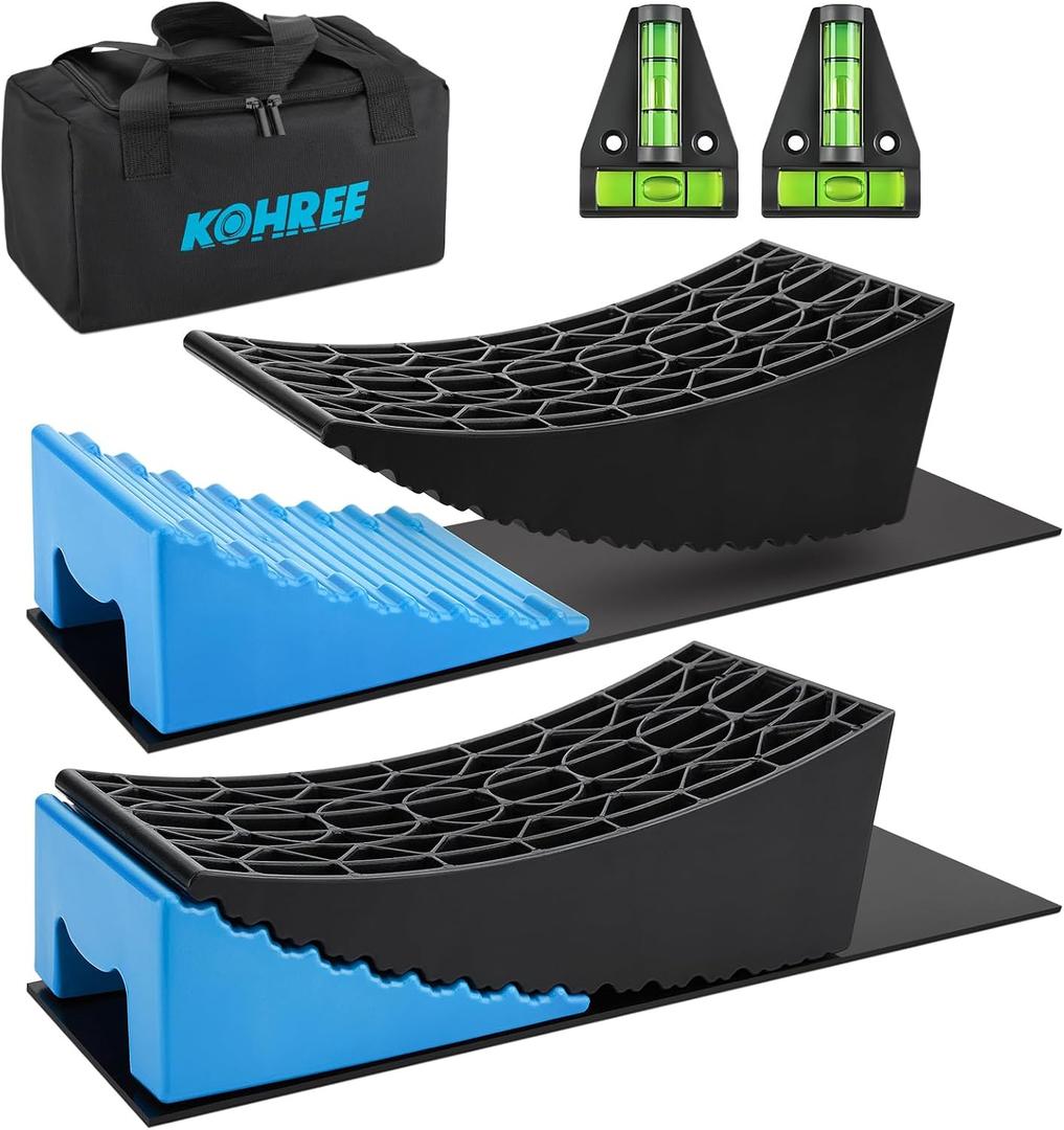Kohree RV Leveling Blocks, Up to 35,000 lbs, Upgrade 2 Packs Sturdy RV Curved Levelers with 2 Blue Chocks, 2 Non-Slip Mats, 1 Carrying Bag, Camper Leveler for Travel Trailers, 4" Max Leveling Height, 1/2"- 4" Range Leveling Height