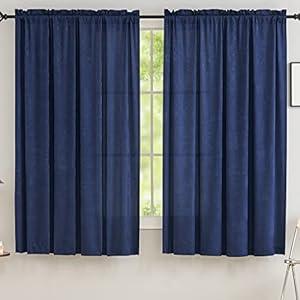 Sheer Privacy Curtains That Let Light in, Polyester Semi Sheer Privacy Drapes, Rod Pocket 45 inches Opaque Velvet Privacy Curtains for Living Room Bedroom Kitchen Doorway Divider (Navy, 52" Wx 45"L)