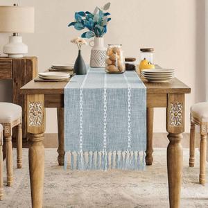 ZeeMart Farmhouse Braided Striped Table Runner, Rustic Blue Table Runners 90 Inches Long Boho Home Decor, Dusty Blue 15x90 Inches