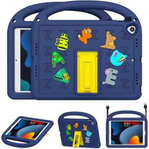Kids Case for iPad 9th/8th/7th Generation 10.2 Inch 2021/2020/2019, with Built-in Anti-Slip Handle/Foldable Stand/Shoulder Strap, Shockproof Protective Kids iPad 9th/8th/7th Gen Case 10.2 Inch (Navy Blue)