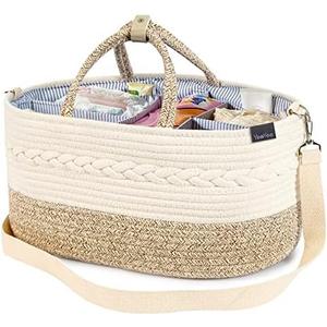 YeaYee Baby Diaper Caddy Organizer, X-Large, 5 Grids, 8 Pockets, Shoulder Strap Portable Nursery Storage Basket with 2 Changeable Compartments, 100% Cotton Woven Rope Bins, Newborn Gift Cream Beige
