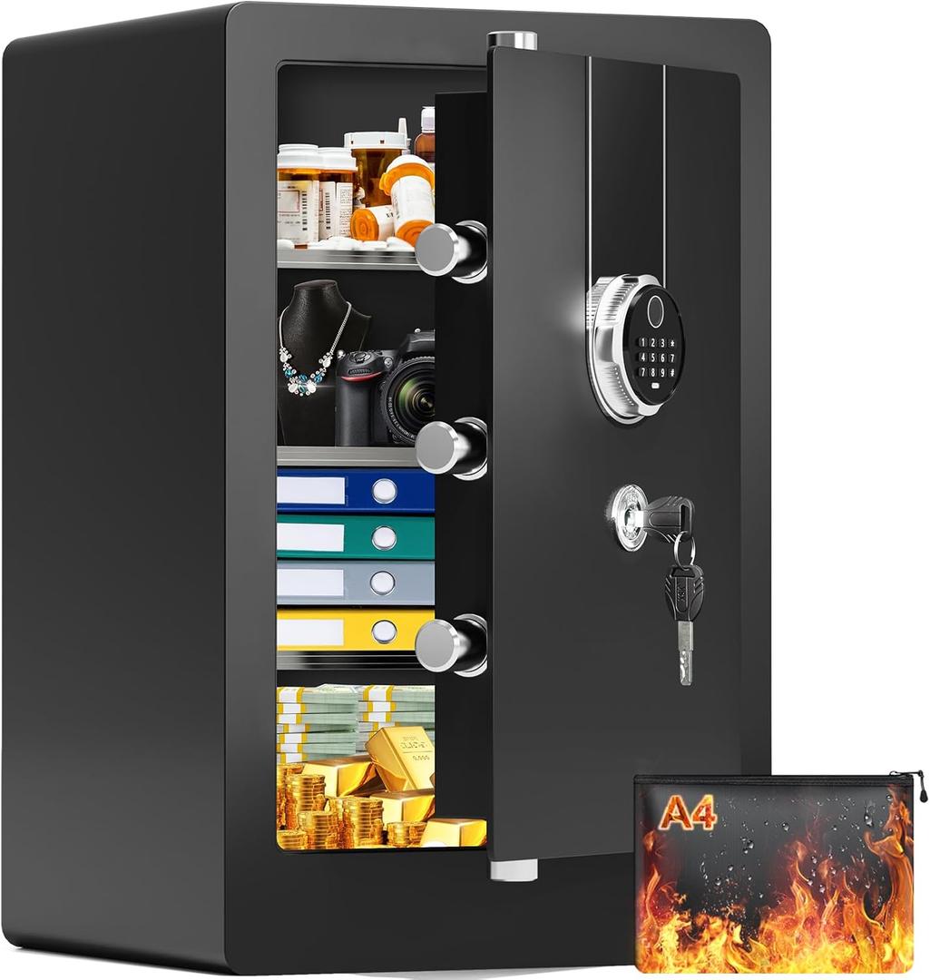 5.1 Cuft Large Biometric Fireproof Safe for Home Use, Quick-Access Fingerprint Safe Box with Fireproof Document Bag, 3 Removable Shelves and Dual Alert, Security Safety Box for Home Office
