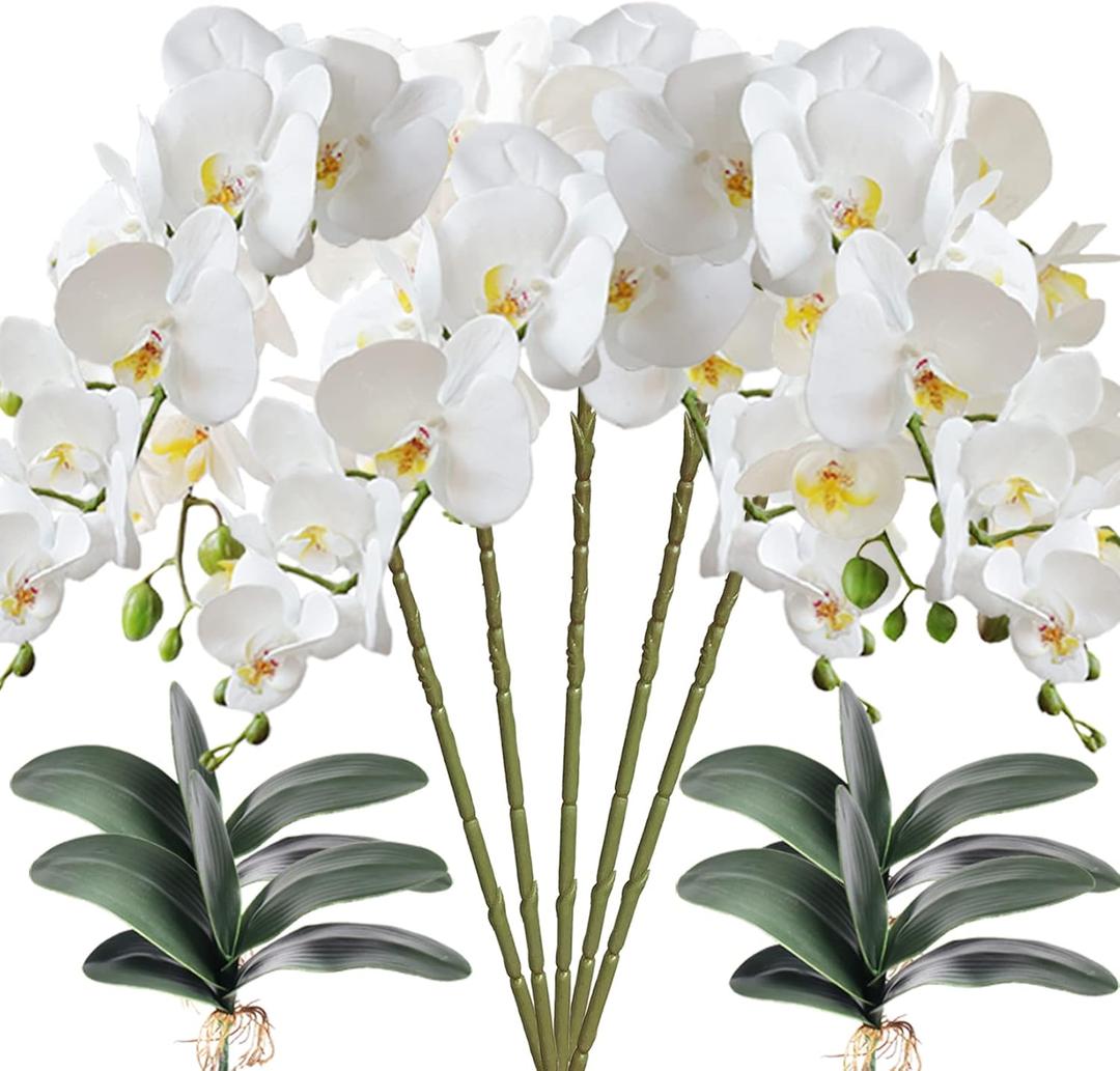 HinyoCo 5 Pcs Artificial Orchid Flowers and 4 Bundles Leaves, Artificial Phalaenopsis Flowers 32 Inch Stem Plants for Home Wedding Decoration (White)