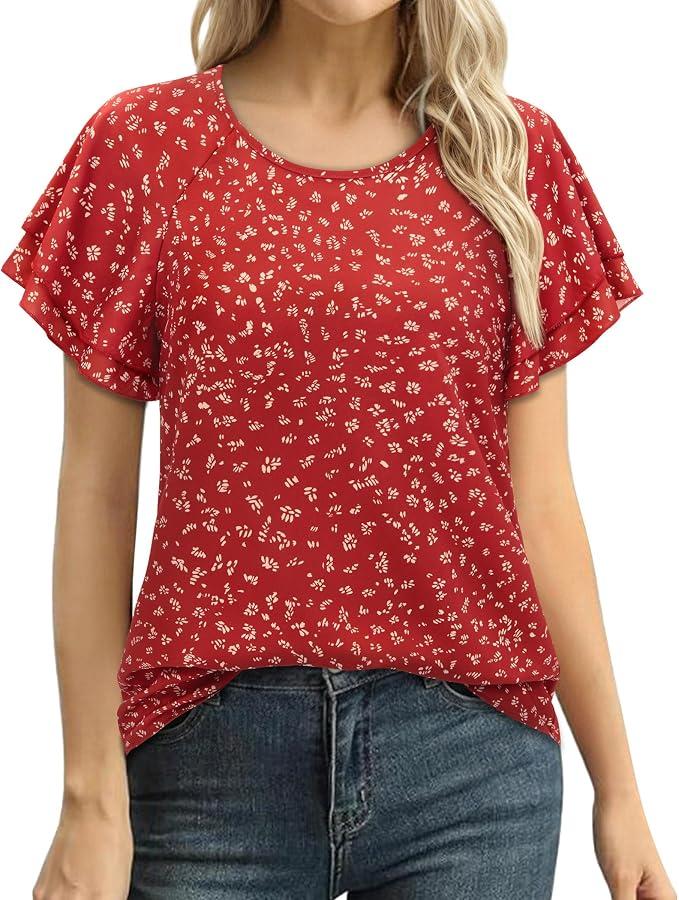 siliteelon Summer Tops for Women Print Flutter Sleeve Round Neck Blouses Dressy Casual Shirt Beach Trendy 2026 Red Floral, XL