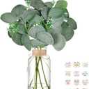 DomeStar 7pcs Artificial Eucalyptus Stems in Clear Vase, 12inch Dried Eucalyptus Plant with Tags Faux Water Dried Flowers Arrangement for Home Office Decoration Wedding Party