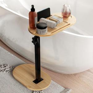 Bamboo Bathtub Tray Table with Adjustable Height, Freestanding Bath Caddy Tray for Tub Against Wall, Bathtub Side Table for Luxury Bath Home Spa Homewarming - Patent Protected (Natural) 