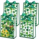 Capoda 24 Pack St Patrick's Day Shamrock Gift Bags with Handles Clover Party Favor Bag Reusable Plastic St Patricks Goodie Bags, 10x7x3 Inch Lucky Clover Treat Bag for Holiday Party Supplies
