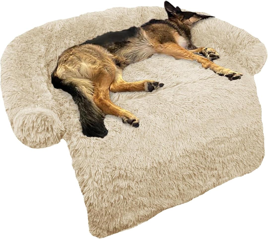 Calming Dog Bed Fluffy Plush Dog Mat for Furniture Protector with Removable Washable Cover for Large  Dogs and Cats (Large, Beige) (45.0"L x 37.0" W x 6.0"Th)