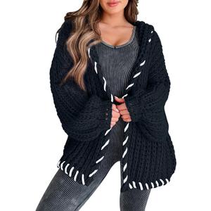 Womens 2024 Hooded Cardigan Sweaters Chunky Knit Stitch Edged Batwing Sleeve Fall Winter Loose Outerwear Coats Black (Black, L)