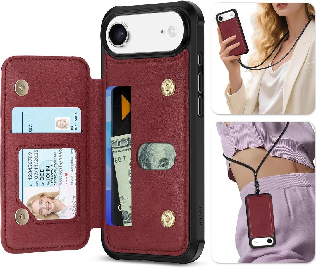 TUCCH Card Case Wallet for iPhone Air (6.5-inch) 2025, RFID Blocking 3 Card Slots, Crossbody Lanyard Strap, Clear ID Window, Undetachable Wallet, Magnetic, PU Leather Shockproof Phone Cover, Dark Red