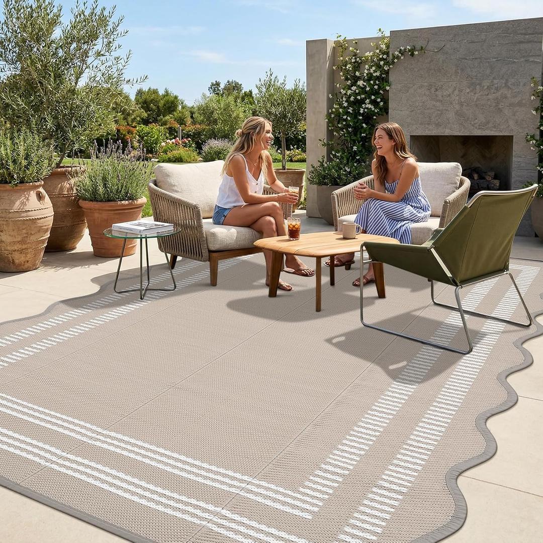 Garvee Waterproof Outdoor Rug 8x10, Scalloped Geometric Foldable Plastic Straw Patio Camping Rug, Outdoor RV Carpet for Deck Camper Porch Balcony Backyard Picnic Beach Gray Brown