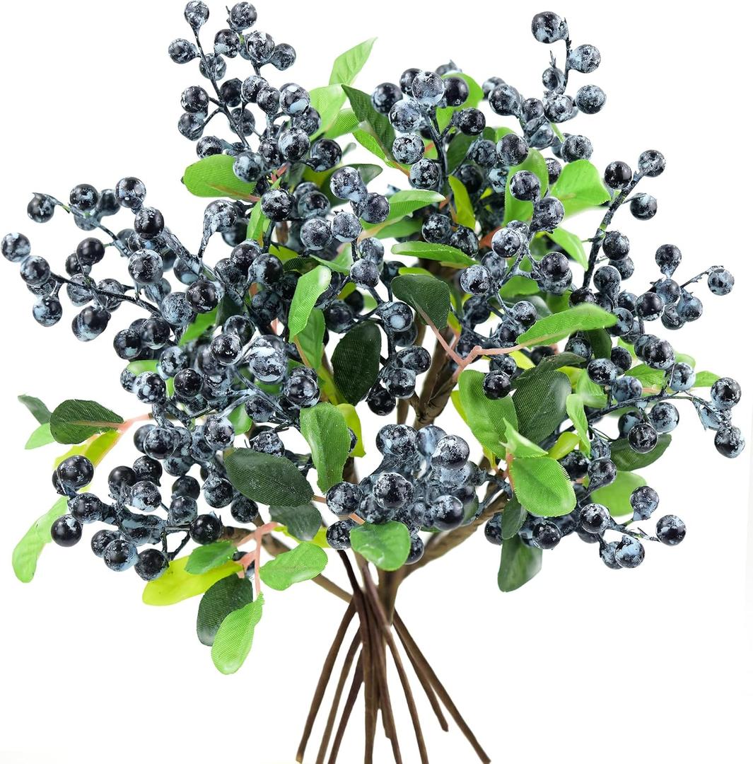 FiveSeasonStuff Versatile Artificial Holly Blue Berry Branches: Set of 20 for Stunning Decor