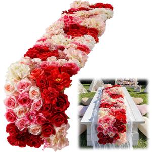 9.8 x 66.9 Inch Artificial Flowers Valentine's Day Table Runner Valentines Party Decoration Pink Hydrangeas Red Roses and Felt Base for Wedding Anniversary Romantic Dinner Home Decor