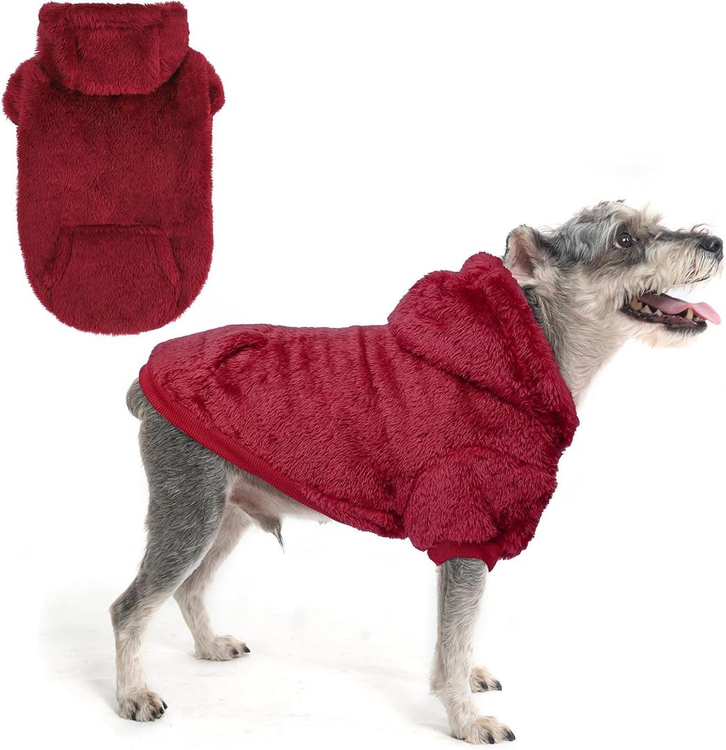 SCENEREAL Fleece Dog Sweaters Hoodie for Small Medium Large Dogs Girls Boys, Plush Fuzzy Dog Clothes Hoodies with Leash Hole, Winter/Fall Puppy Cold Weather Coat, Sherpa Hooded Sweatshirt, Burgundy SM
