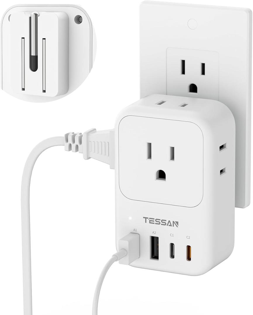 USB C Charger Block 20W PD, TESSAN Foldable Wall Charger with 4 USB Ports and 4 AC Outlet Extender, Multi Charging Station for Cruise, Home, Office, Dorm Room Essentials, White