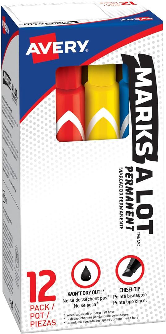 Avery Marks-A-Lot Permanent Markers, Large Desk-Style Size, Chisel Tip, Water and Wear Resistant, 12 Assorted Markers (24800)