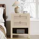 Rattan Night Stand with Drawers - Boho Nightstand with Charging Station, Bedside Table with Storage Shelf, Accent Side Table End Tables Living Room, Wood Nightstands for Bedroom, White Oak