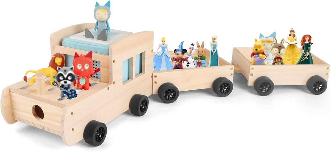 Storage & Play Car for Toniebox and Tonie Figures Storage Shelf (Wooden Trailer), Magnetic Shelves Compatible with Tonie Box Player Character for Children Room (Natural, Car)