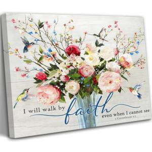 Christian Flower Wall Art Bible Verse Wall Decor Rustic Floral Scripture Canvas Paintings Inspirational Religious Picture Posters Prints Christian Faith Based Gifts for Home & Office Decor 16x12in