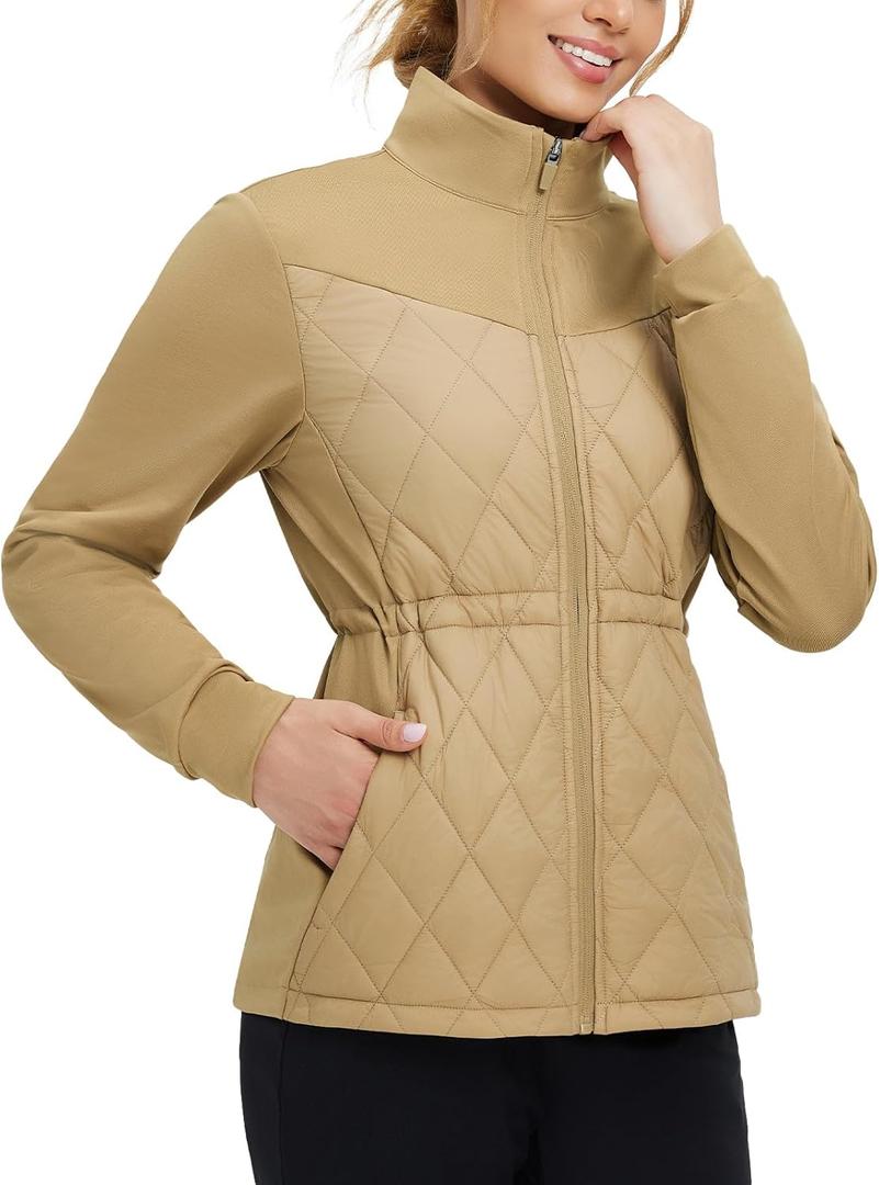 baleaf Women's Quilted Jackets Golf Winter Lightweight Warm Stand Collar Water Resistant Puffer Jacket 4 Pockets (Beige, XL)