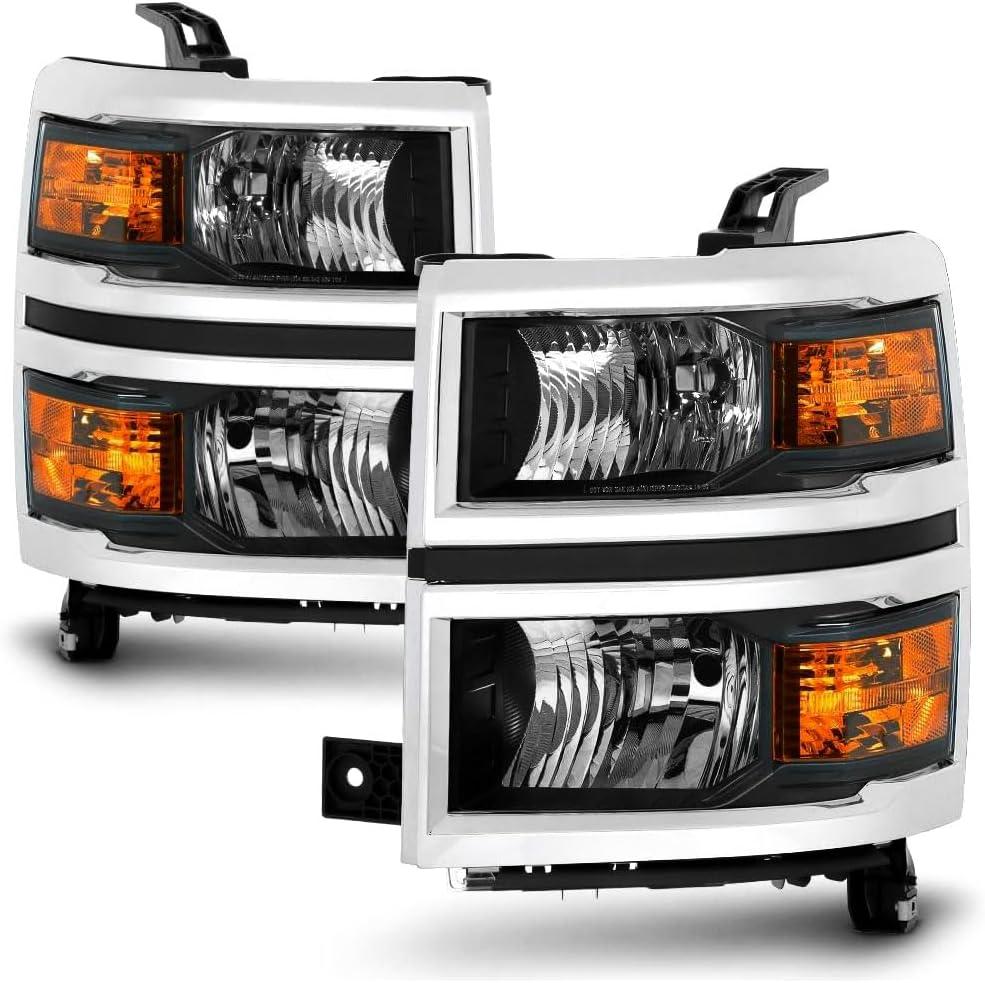 Headlights Assembly Replacement for 2014 2015 Chevy Silverado 1500 Halogen Head Light Headlamp Driver &Passenger Side, Chrome Housing Black Inner Amber Corner