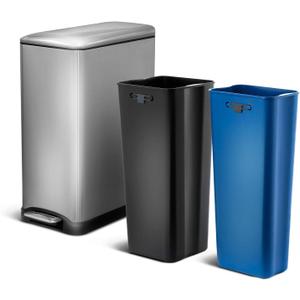 Home Zone Living 13 Gallon Slim Kitchen Trash Can with Dual Compartments for Trash and Recycling, Soft Close Lid, Step Pedal, Stainless Steel, Silver