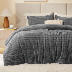 BEDELITE Fleece King Comforter Set -Super Soft & Warm Fluffy Grey Faux Fur Bedding, Luxury Fuzzy Heavy Bed Set for Winter, 110"x"90