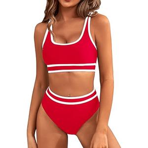 BMJL Women's High Waisted Bikini Sets Sporty Two Piece Swimsuits Color Block Cheeky High Cut Bathing Suits (Red, X-Large)