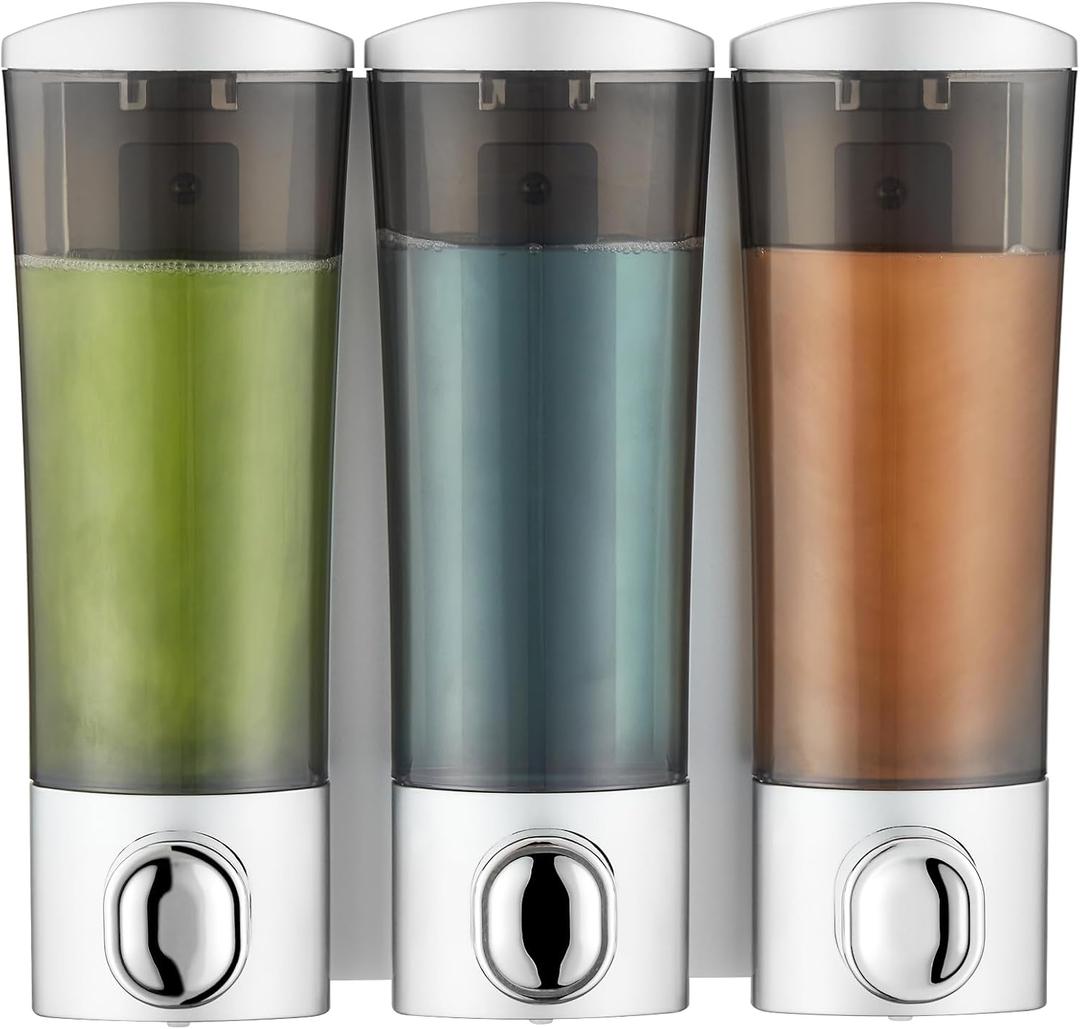 3-in-1 Shower Soap Dispenser Wall Mounted, Pollock Shower Dispenser 3 Chamber No Drilled Shampoo and Conditioner Dispenser Bathroom Shower Pump Dispenser and Organizer for Bathroom Hotel (BLK-9010S3)